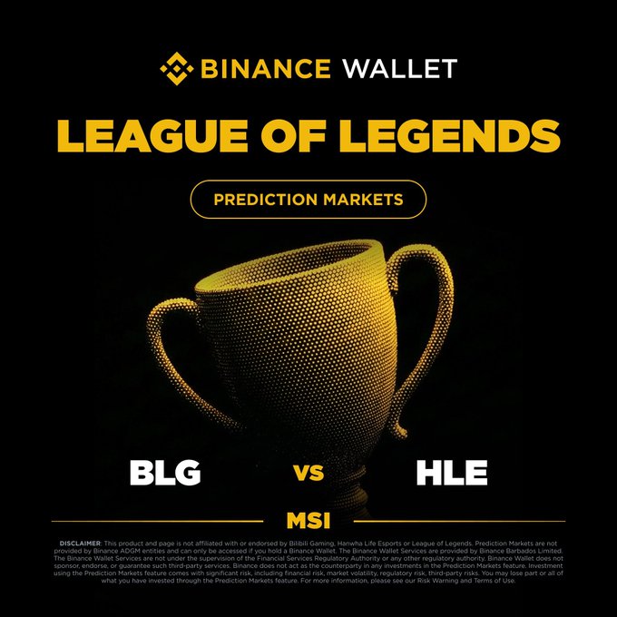 A Binance Wallet promotional graphic for League of Legends prediction markets, featuring a gold trophy and announcing the MSI Upper Bracket Final matchup between BLG and HLE (BO5), tying directly to the post's call to trade predictions for the LPL#1 vs LCK#1 showdown.
