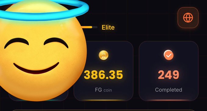 The image shows a smiley yellow smiley face with a blue halo above its head, sitting against a dark background. Below the smiley face are two columns of numbers with "Complete" written underneath them and the remaining columns below displaying the task and the corresponding time limit in usdt (unlimited time spend). There is also an indication to turn on notifications so that the user receives updates about this task. The image has a casual, fun atmosphere, which might be related to some gaming or leisure activity involving the smiley face and the numbers displayed below it.