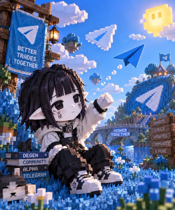A pixelated digital artwork features a chibi character with black hair sitting in a blue voxel landscape, surrounded by banners reading 'BETTER TRADES TOGETHER' and 'HIGHER TOGETHER,' with signs for 'DEGEN, COMMUNITY, ALPHA, TELEGRAM' and 'CHARTS, CALLS, UPDATES, COMMUNITY & MORE.'