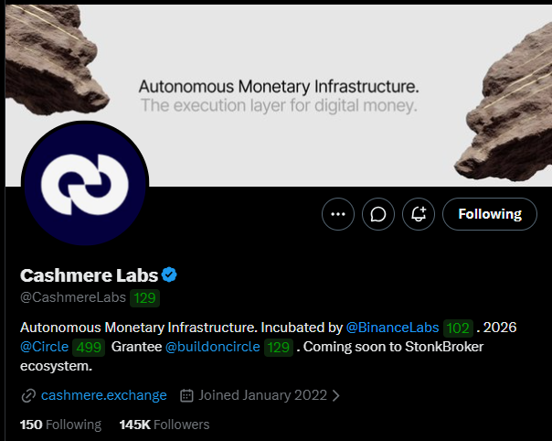 A Twitter/X profile screenshot showing **Cashmere Labs (@CashmereLabs)** with 145K followers, labeled as "Autonomous Monetary Infrastructure. The execution layer for digital money," incubated by @BinanceLabs and a grantee of @buildoncircle, with a link to cashmere.exchange.

The image directly illustrates the tweet's claim about Cashmere Labs building cross-chain "plumbing" for stablecoins, as the profile explicitly markets itself as the "execution layer for digital money" connecting payments, liquidity, and yield across chains.