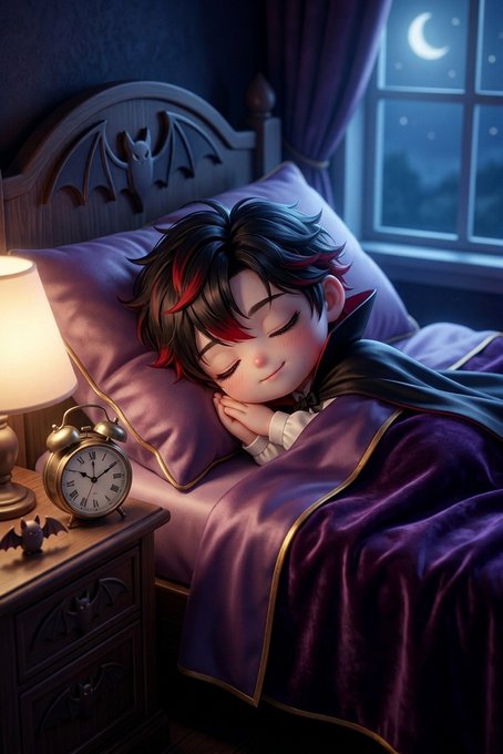 Anime-style illustration of a red-haired, pointed-eared character sleeping peacefully in a gothic bed under purple covers, with a crescent moon visible through the window.