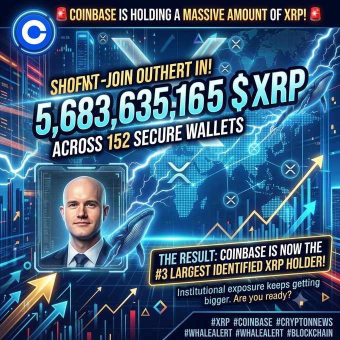 A flashy cryptocurrency infographic titled 'COINBASE IS HOLDING A MASSIVE AMOUNT OF XRP!' with text stating '5,683,635,165 $XRP' held across 152 secure wallets, declaring Coinbase as the #3 largest XRP holder, featuring a portrait of a man in a suit. Tags include #XRP #COINBASE #CRYPTONNEWS #WHALEALERT #BLOCKCHAIN.
