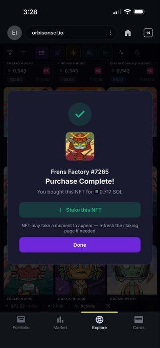 A mobile screenshot from orbisonsol.io showing a 'Purchase Complete!' confirmation for 'Frens Factory #7265' NFT bought for 0.717 SOL.