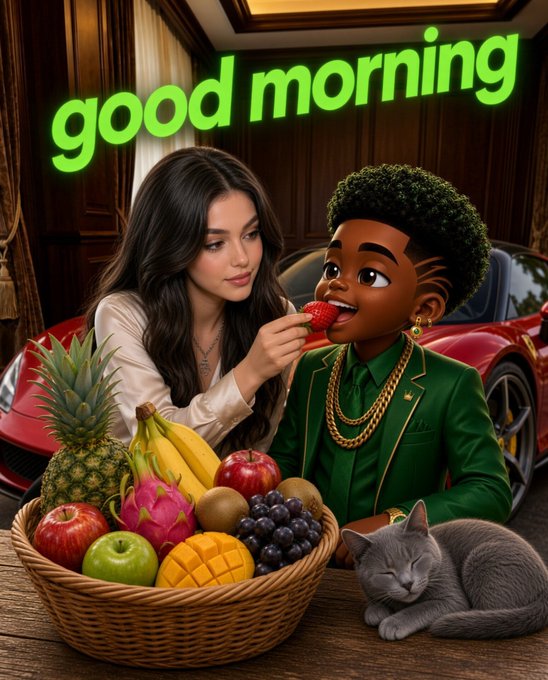 A stylized 'good morning' greeting with a green neon text overlay, featuring an animated woman feeding a strawberry to a cartoon-style boy in a green suit, with a basket of fruit and a sleeping gray cat in the foreground.