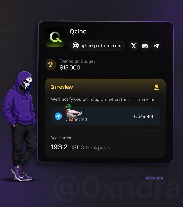 The image features a man standing next to a computer screen displaying a shopping cart with an app called Qzinoo. The man appears to be wearing blue clothes, and his feet are visible as he walks away from the computer screen. The photo also shows a text box on the right side of the image, which is part of the App store's listing for the Qzinoo app.