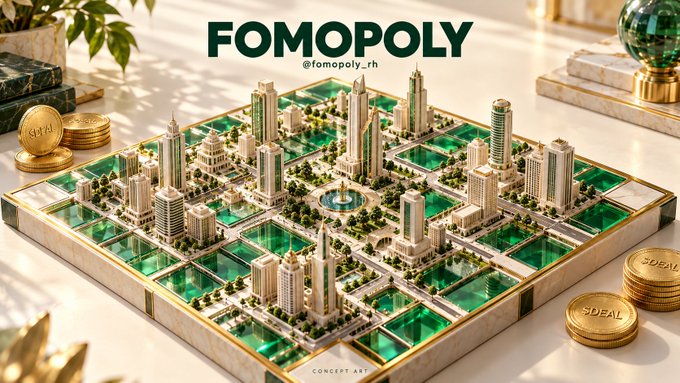 A glossy concept-art real estate board game labeled “FOMOPOLY” and “@fomopoly_rh” displays a miniature city, green property spaces, coins marked “$DEAL,” and a small “CONCEPT ART” label.