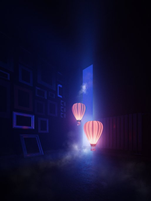 An atmospheric photograph of two glowing pink/red hot air balloon-shaped lanterns floating through a misty doorway in a dark room lined with empty picture frames illuminated by blue light.