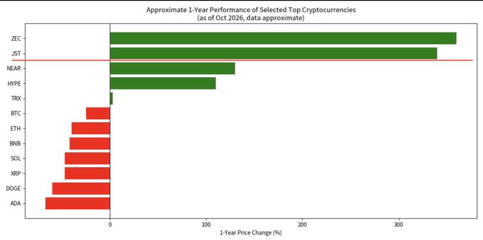 Bar chart titled 'Approximate 1-Year Performance of Selected Top Cryptocurrencies (as of Oct 2026, data approximate)' showing ZEC and JST as top performers (~340% and ~320%), followed by NEAR, HYPE, TRX (green/positive), while BTC, ETH, BNB, SOL, XRP, DOGE, and ADA show negative performance.