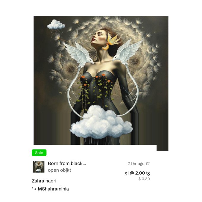 An NFT listing titled 'Born from black...' by Zahra haeri on OpenSea, featuring surreal digital art of a winged woman with dandelion motifs, priced at 0.39 with a 2.00 volume.