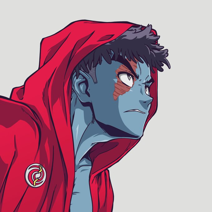 A digital anime-style illustration of a blue-skinned male character with spiky dark hair, a red facial marking, and a red hooded cloak, featuring a circular symbol on the shoulder.
