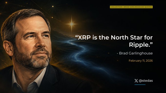 A graphic showing a man looking toward a glowing star with the quote 'XRP is the North Star for Ripple.' attributed to Brad Garlinghouse, dated February 11, 2026, and credited to @stedas.