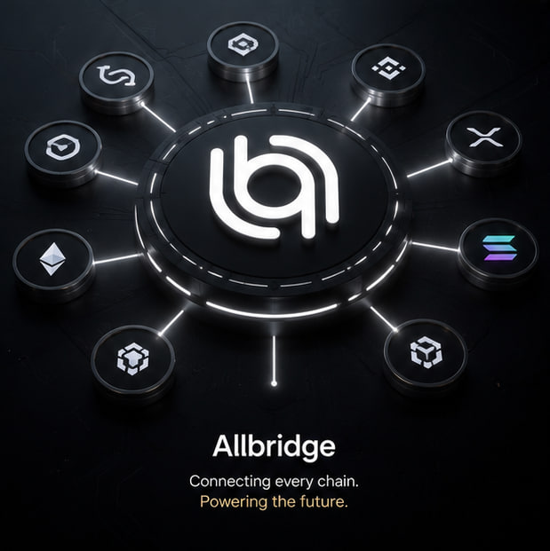 Allbridge promotional graphic with the tagline 'Connecting every chain. Powering the future.' surrounded by various blockchain network icons.