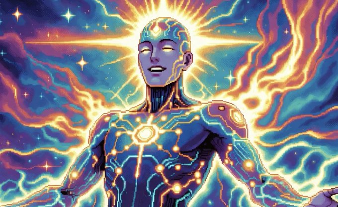 A vibrant digital illustration of a glowing, futuristic humanoid figure with circuit-like patterns on its skin, surrounded by colorful cosmic energy and stars.