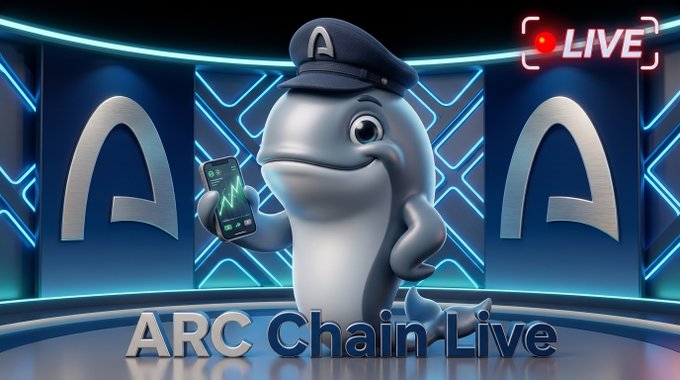 A 3D graphic featuring a dolphin wearing a captain's hat holding a phone with a chart, with 'ARC Chain Live' text and a 'LIVE' badge.