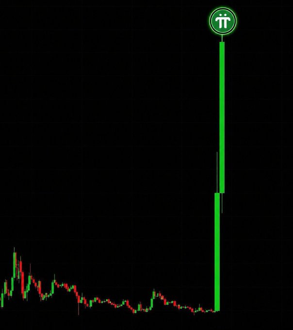 A financial chart displays a dramatic vertical green candlestick spike featuring a Pi Network (π) logo at the top against a black background.