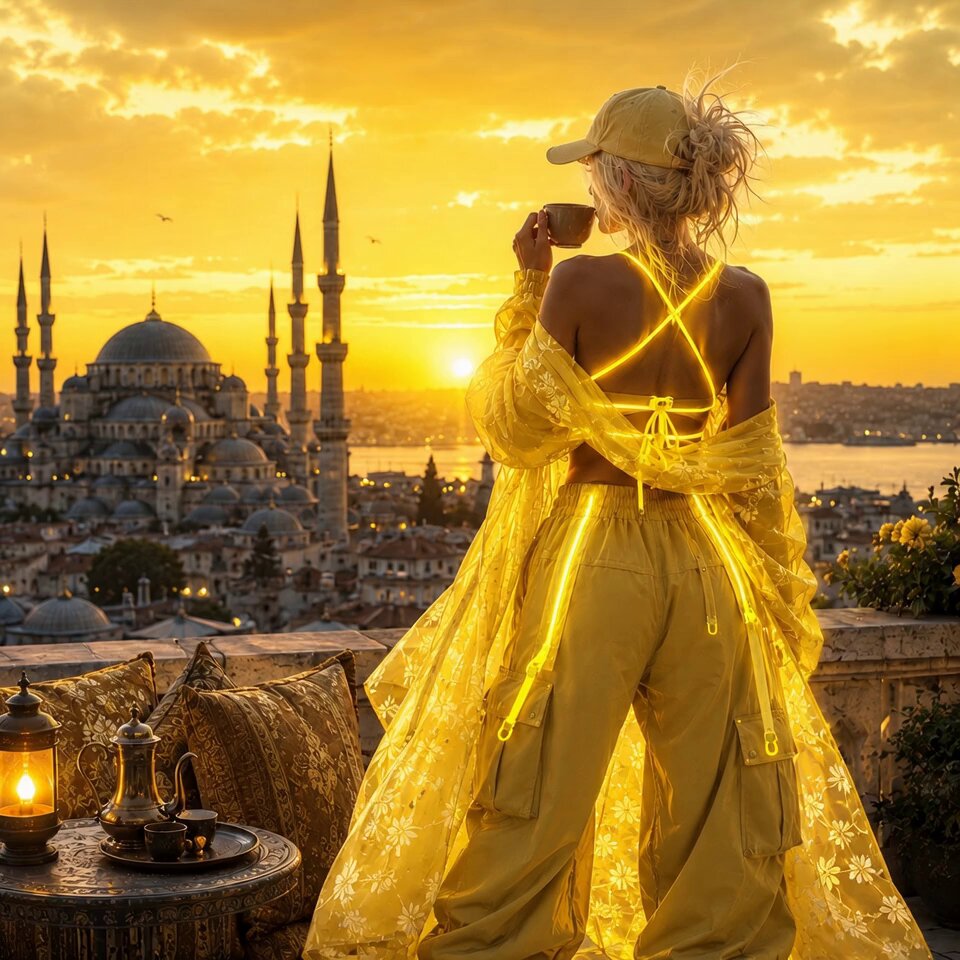 The image features a woman standing on a rooftop with a view of Istanbul's skyline at sunset. She is wearing a yellow outfit and holding a cup of coffee, possibly enjoying her morning coffee while taking in the beautiful scenery. The photo has been captioned "GM frens Me:  Today I'll be productive." Bitcoin: Solana: NFTs:  "Trust the process." @EarthMetaAi olalala And just like that, my morning plans have entered a different timeline."