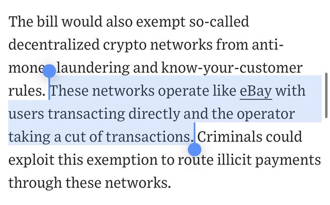 A highlighted text excerpt from a bill explaining how it would exempt decentralized crypto networks from anti-money laundering (AML) and know-your-customer (KYC) rules, comparing these networks to eBay where users transact directly and operators take a cut.

The image relates to the post by highlighting legislators' apparent misunderstanding of how decentralized crypto networks function—comparing them to a centralized platform like eBay (which actually does comply with AML/KYC requirements) suggests the drafters fundamentally conflate decentralized peer-to-peer systems with custodial intermediaries, illustrating the "wildly ill informed" criticism raised in the post.
