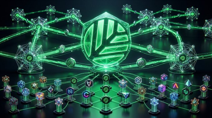 A futuristic green-themed digital illustration showing a central glowing coin surrounded by a network of connected cryptocurrency logos including Litecoin, Tron, and others.