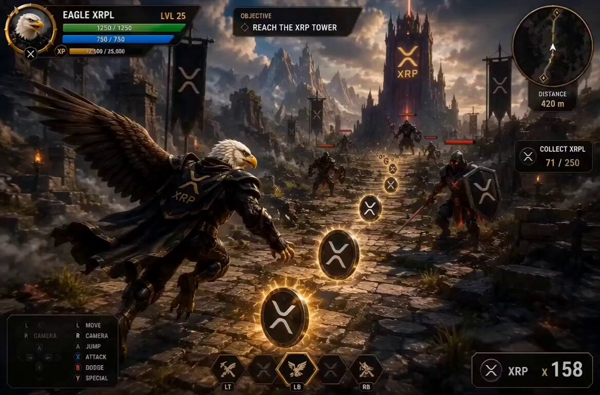 The image shows a video game screen with an eagle character flying over a castle, surrounded by other characters. The main focus of the scene is the eagle's wings spread wide as it soars above the castle. In the background, there are several other characters scattered throughout the scene, possibly engaged in battle or exploring the castle grounds.