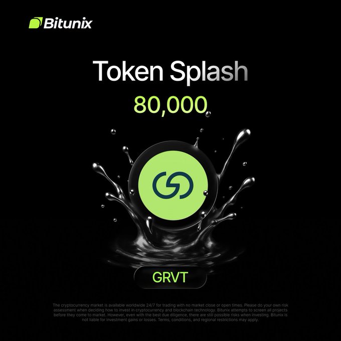 The Bitunix Token Splash features 80,000 GRVT up for grabs, highlighted by the GRVT token logo splashing into liquid.