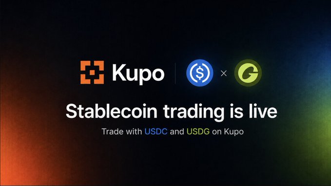 The promotional graphic announces "Stablecoin trading is live" on Kupo, featuring the platform's logo alongside the USDC and USDG (G) stablecoin icons, with the tagline "Trade with USDC and USDG on Kupo"—visually reinforcing the launch of stablecoin trading pairs announced in the post.
