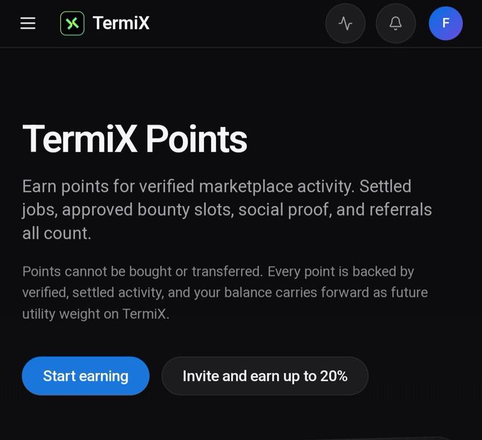 The image displays the TermiX platform's "TermiX Points" landing page, which explains that points are earned through verified marketplace activity like settled jobs, approved bounty slots, and referrals, with a "Start earning" button and an option to "Invite and earn up to 20%." This aligns with the post promoting the Termix Campaign, highlighting an opportunity to join early and gain presence before further developments roll out.