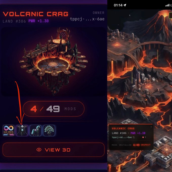 A mobile screenshot from a blockchain game showing 'VOLCANIC CRAG' Land #306 with power rating and mods, alongside an in-game view of a volcanic landscape with lava flows and structures.