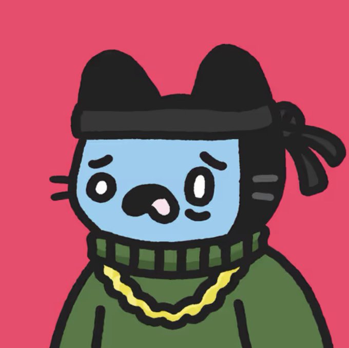A cartoonish Cool Cat NFT character with a blue face, black ninja hood, green sweater, and gold chain stares forward with a wide-eyed, anxious expression against a pink background. The image perfectly matches the post, showcasing the exact traits listed—ninja hood, green sweater, gold chain—along with the character's comically distressed face that the author affectionately describes as "utter despair."