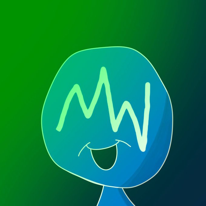 A digital illustration of a smiling, rounded blue character with a squiggly wave-like pattern on its face against a green gradient background.