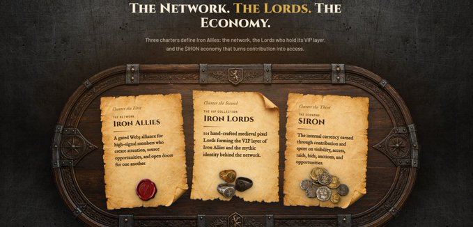 The image displays a stylized graphic titled "THE NETWORK. THE LORDS. THE ECONOMY." featuring three parchment-style charters explaining "Choose the First - IRON ALLIES," "Choose the Second - IRON LORDS," and "Choose the Third - SIRON," each detailing their respective roles in the ecosystem. The visual reinforces the accompanying post's message about Iron Allies building a reputation-based ecosystem where onchain contributions matter, showcasing their tiered system of participation through network, leadership, and economy.