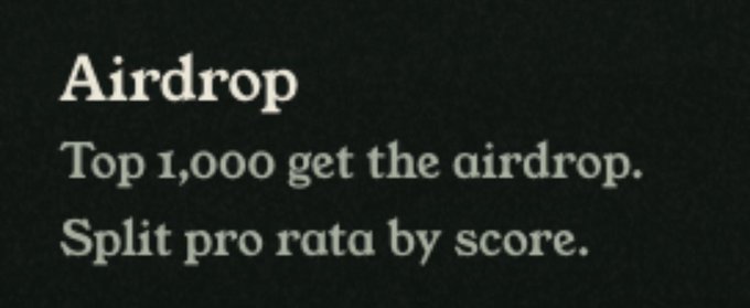 Black background image with white serif text reading "Airdrop" as the header, followed by "Top 1,000 get the airdrop. Split pro rata by score." It visually summarizes the key eligibility criteria of the VibeFi airdrop mentioned in the post.