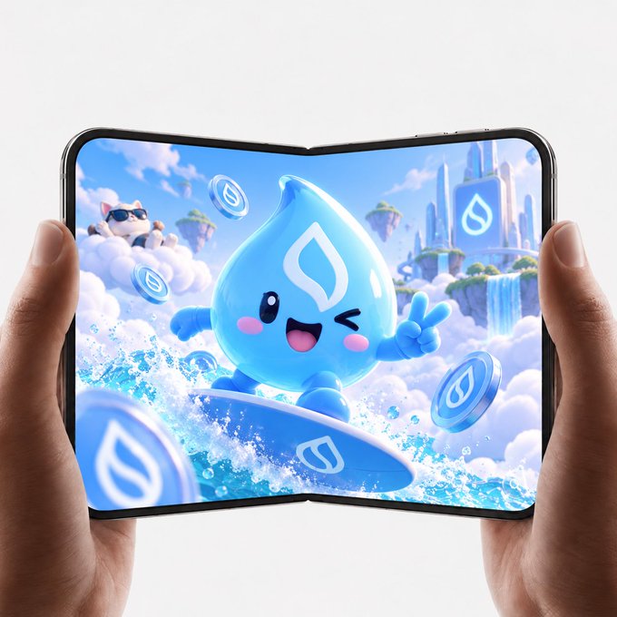 A pair of hands holding a foldable smartphone displaying a cartoonish blue water drop character surfing on a wave, with floating coins bearing a similar logo in a colorful, cloudy sky setting.