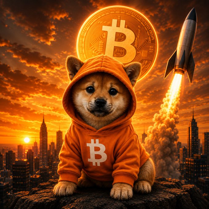 A digital artwork features a Shiba Inu dog wearing an orange hoodie with a Bitcoin symbol, sitting in front of a glowing Bitcoin coin and a launching rocket against a sunset cityscape.
