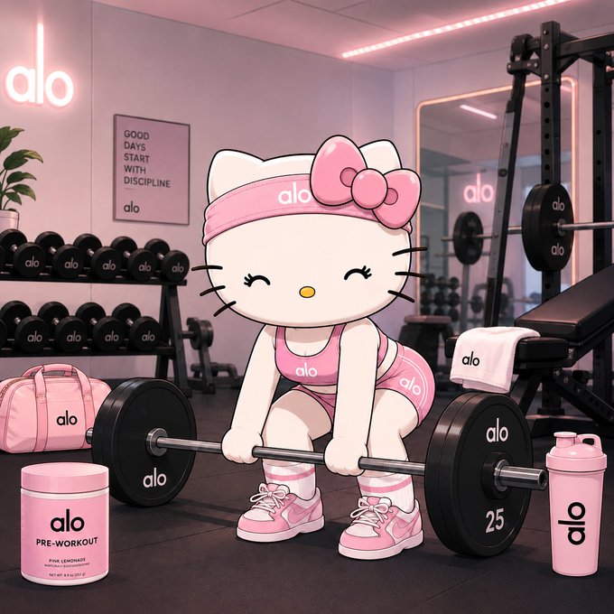 A digital illustration of Hello Kitty wearing pink 'alo' branded workout gear and a headband, lifting a heavy barbell in a gym setting filled with matching 'alo' equipment.