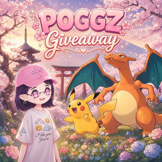 The image features a cute anime-style girl with glasses and a pink cap standing alongside Pikachu and Charizard in a cherry blossom setting with a Japanese pagoda, promoting the "POGGZ Giveaway." The whimsical artwork aligns with the crypto giveaway post by @poggz_fun, visually representing the fun, community-driven vibe of the $15 SOL giveaway event.