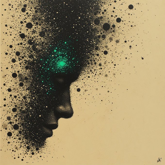 An artistic painting featuring a profile silhouette of a face dissolving into black and gold speckles, with a glowing teal light emanating from the eye area on a beige background.