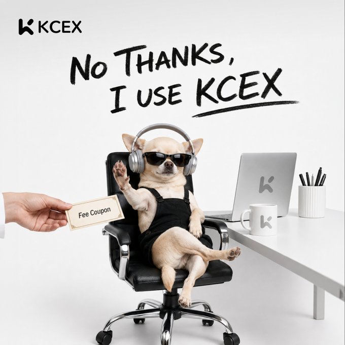 A chihuahua wearing sunglasses and headphones lounges in an office chair while waving off a "Fee Coupon" being offered, under the handwritten text "No Thanks, I use KCEX" with the KCEX logo in the corner. The image humorously illustrates the post's message by showing the dog rejecting traditional trading fee coupons in favor of the KCEX platform.