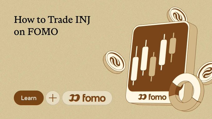 A tan-colored graphic titled 'How to Trade INJ on FOMO' featuring the FOMO logo and a Learn button alongside a phone displaying a candlestick chart.
