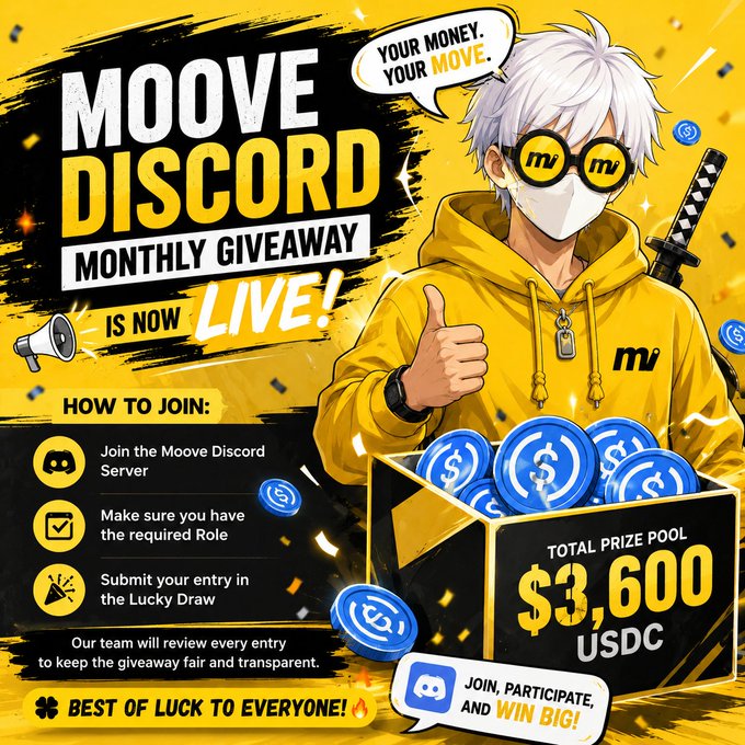 An anime-style character in a yellow hoodie with sunglasses and a katana stands next to a box of blue $ tokens, promoting the "MOOVE DISCORD MONTHLY GIVEAWAY" which is now live with instructions to join the Discord server, obtain the required role, and enter the lucky draw for a chance to win from the $3,600 USDC prize pool. The bold, vibrant graphic reinforces the post's enthusiasm about Moove's community rewards program and encourages others to participate.