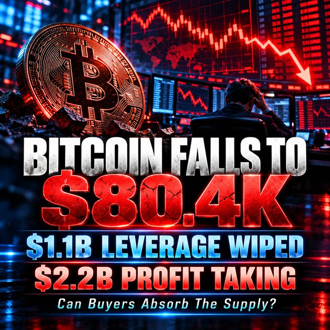 A graphic shows a Bitcoin coin and a downward chart with the headline 'BITCOIN FALLS TO $80.4K', '$1.1B LEVERAGE WIPED', '$2.2B PROFIT TAKING', and 'Can Buyers Absorb The Supply?'.