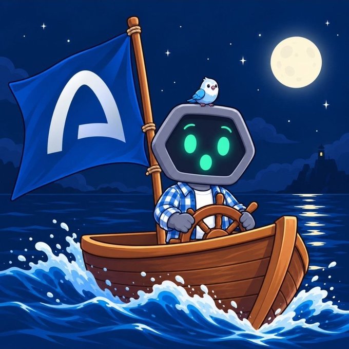 An illustration of a robot character with a glowing green face wearing a blue and white checkered shirt, steering a wooden sailboat at night. The boat has a blue sail with a white logo, a small blue bird perched on the robot's head, and is sailing on dark waters under a full moon.