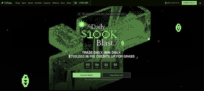 The image displays the TxFlow homepage promoting its "Daily $100K Blast" trading competition, offering "$700,000 in fee credits up for grabs," with a countdown timer and options to connect a wallet or copy a share link, aligning with the post's emphasis on TxFlow being an early, invite-only platform where active traders can earn rewards before any public token launch.