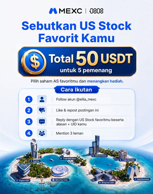 A MEXC promotional poster in Indonesian titled 'Sebutkan US Stock Favorit Kamu' offering 50 USDT for 5 winners, with instructions to follow @ellia_mexc, like & repost, reply with favorite US stock, and mention 3 friends.