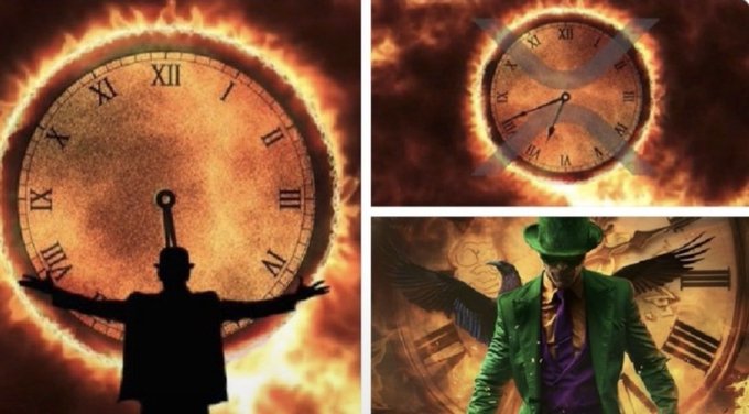 A silhouette stands before a fiery solar eclipse clock showing approximately 8:00, paired with an image of a man in a green suit and mask before a winged Roman numeral clock, symbolizing a dramatic "doomsday" countdown tied to XRP's overnight price target.