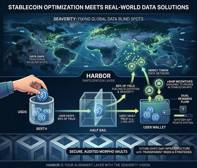 The infographic illustrates Harbor's participation layer for the SeaVerity data network, showing how USDC deposits in the "Berth" vault are split by the "Half Sail" mechanism—users keep 50% of yield while the other 50% fuels SeaVerity's ecosystem through the newly tokenized data network, with vSHIP incentives offering up to 4x stablecoin APY via Morpho vaults yielding ~2.19% APY. The post's emphasis on SeaVerity as the primary narrative is reflected in the diagram, which positions Harbor not as an endpoint but as the alignment layer channeling stablecoin yield toward fixing the "data gaps [and] traditional AIS blind spots" mapped across the world map at the top.