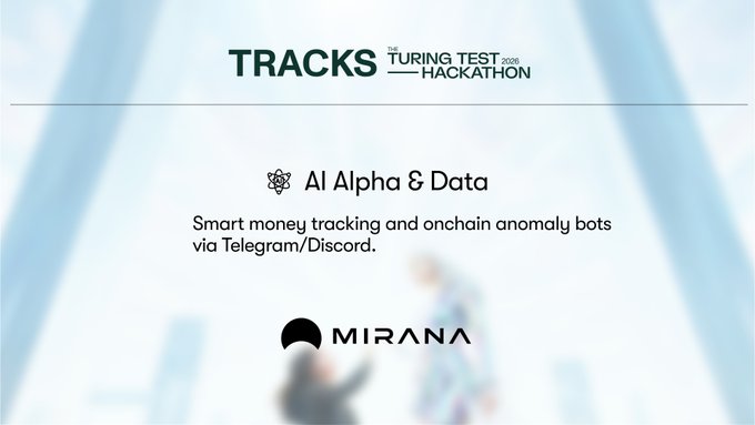 The image features a poster for an event called "TURNING TEST FOR TRACKS". The poster displays a picture of a person holding a book titled "ALPHA & DATA" along with a description that reads "Smart money tracking and onchain ANOMALY BOTS via TELEGRAM.DISCARD." The poster also includes the names "MIRANA" and "ALPHA & DATA".