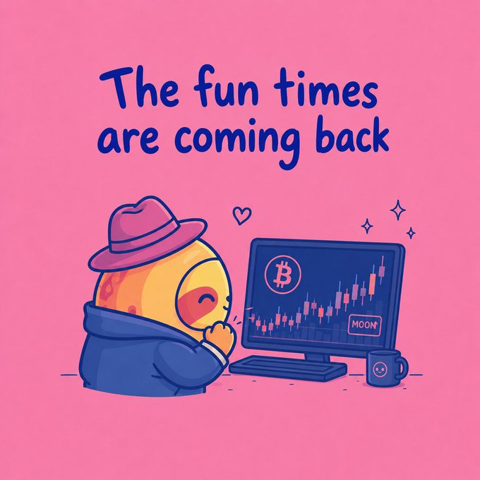 An illustration on a pink background featuring a chick character in a blue jacket and pink hat looking at a computer monitor displaying a Bitcoin chart and the word 'MOON', with the text 'The fun times are coming back'.