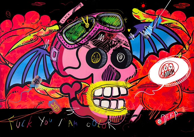 A chaotic, colorful digital illustration of a pink bat-winged creature wearing a gas mask with large teeth, signed '@DERP' with handwritten text 'Fuck You I AM COLOR'.