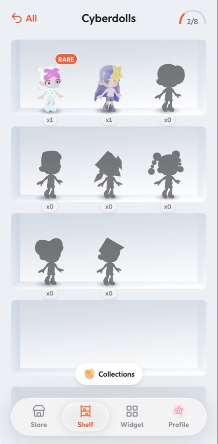 Mobile app screen titled 'Cyberdolls' showing a collection of 2/8 characters, with two 'RARE' dolls already obtained and several silhouettes yet to be unlocked, featuring 'Store', 'Shelf', 'Widget', and 'Profile' navigation buttons.