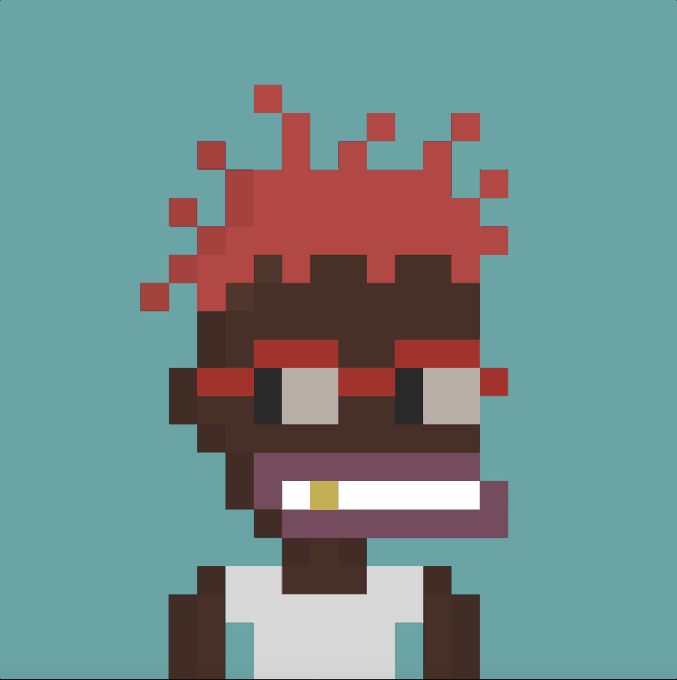 A pixel art portrait on a teal background depicts a character with dark brown skin, a red crown-like hairstyle, dark red eyebrows, and a prominent toothy grin, wearing a white tank top.